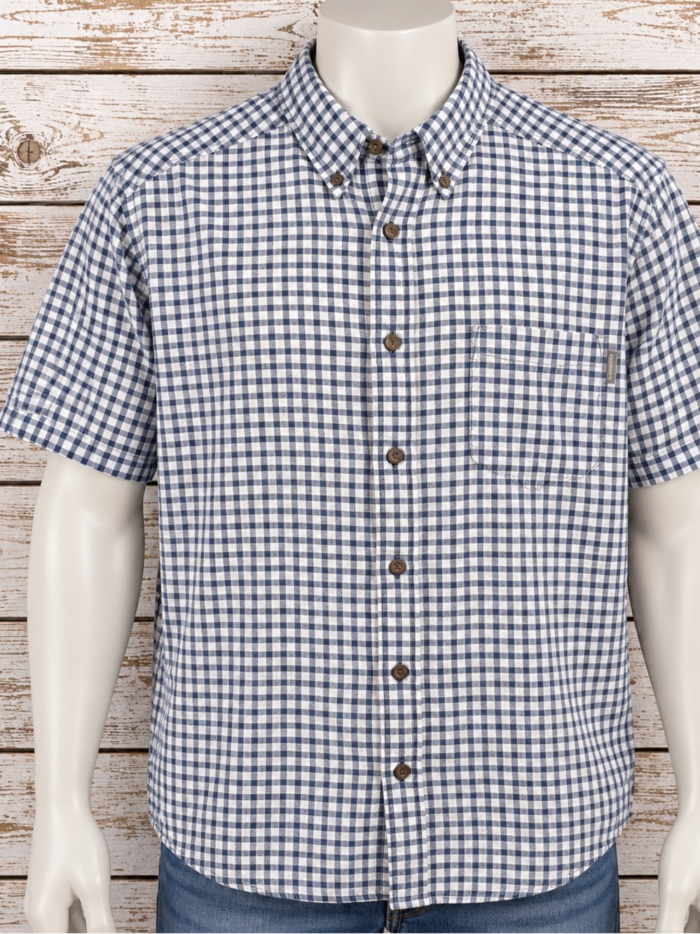 Woolrich Mens L Blue White Check Cotton Woven Short Sleeve Button Down Shirt